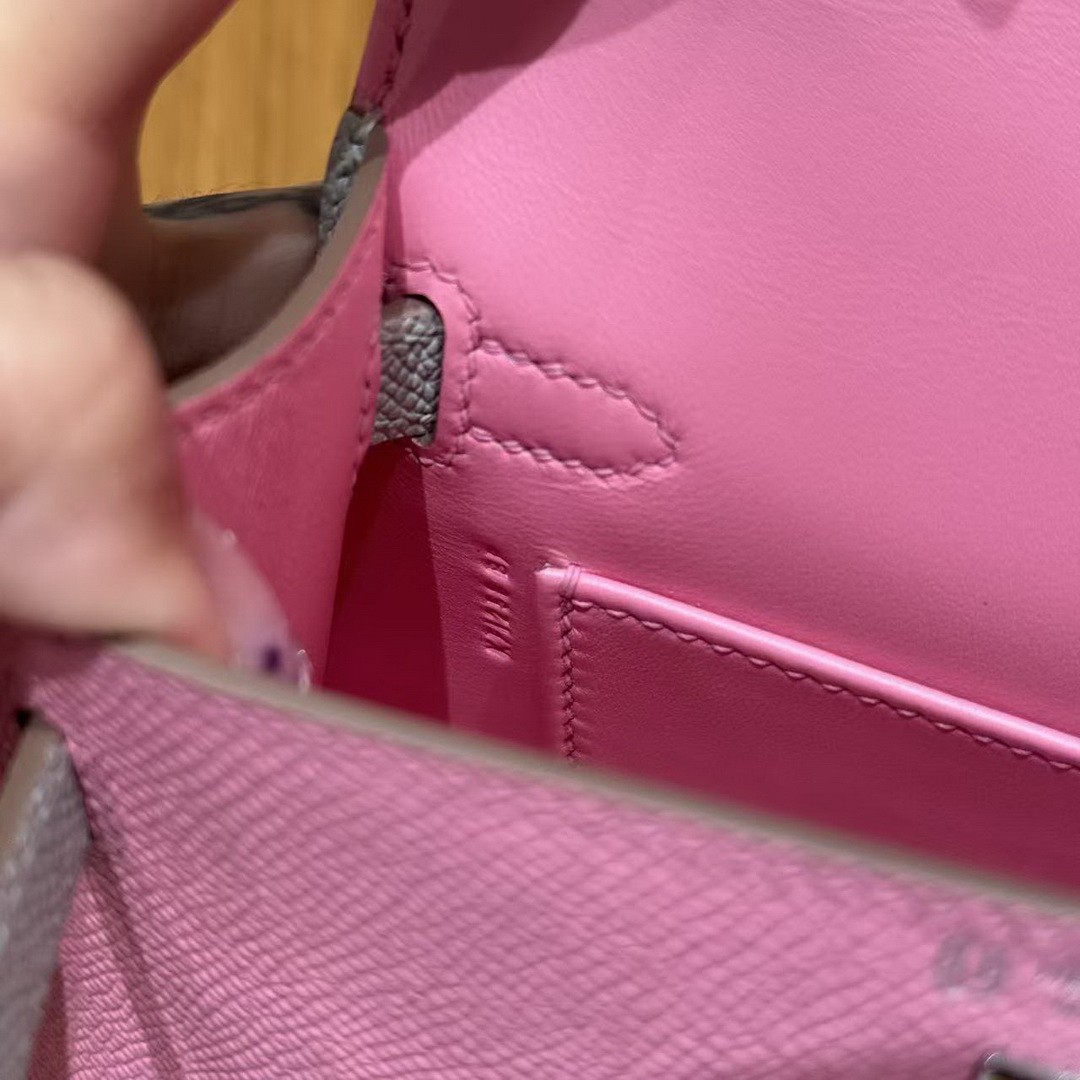 Hermes Kelly Mini 2 19 CM Bag Handmade In Epsom Calfskin Leather Silver Hardware 5P Pink 80 Gris Perle - Image 14