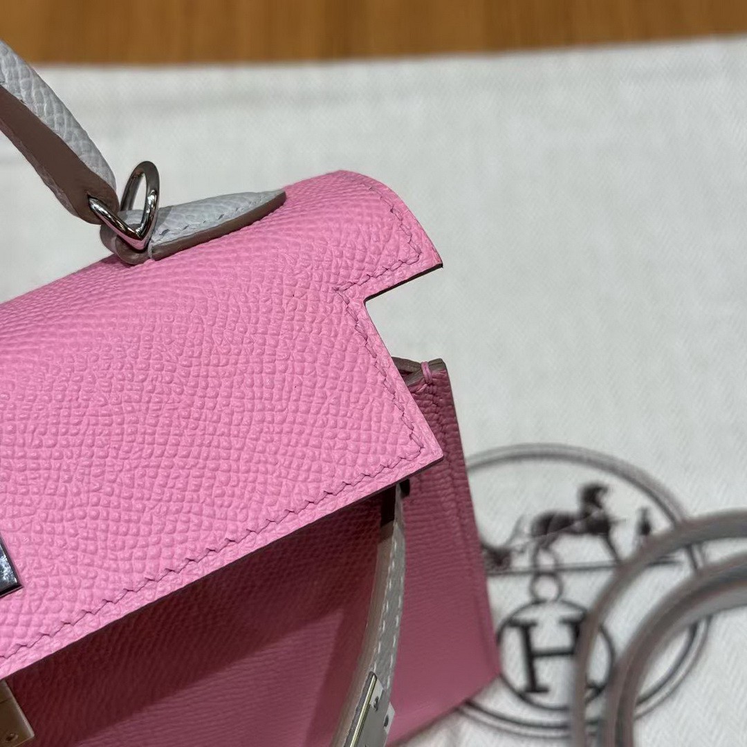 Hermes Kelly Mini 2 19 CM Bag Handmade In Epsom Calfskin Leather Silver Hardware 5P Pink 80 Gris Perle - Image 13