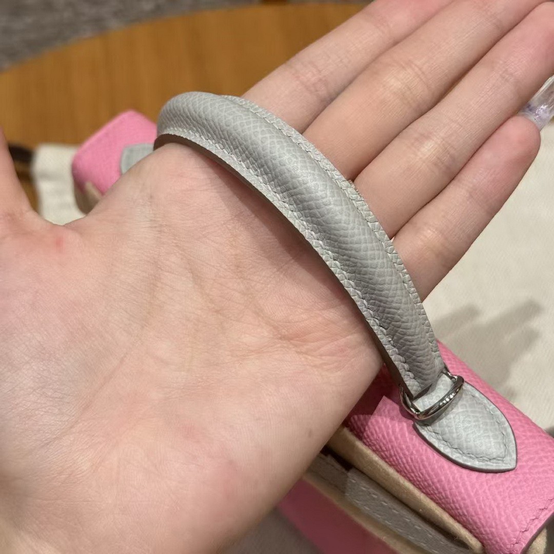 Hermes Kelly Mini 2 19 CM Bag Handmade In Epsom Calfskin Leather Silver Hardware 5P Pink 80 Gris Perle - Image 12