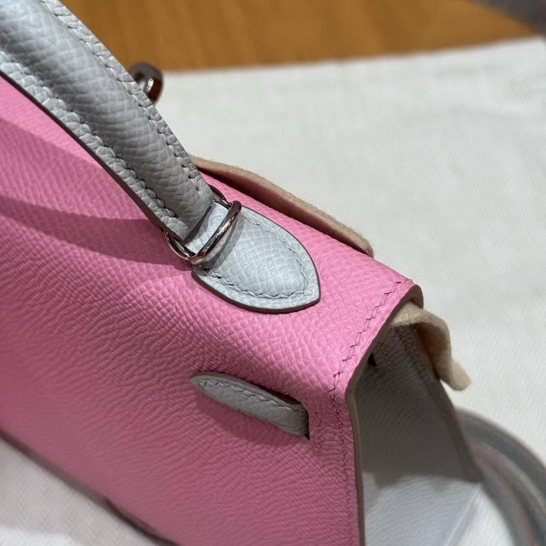 Hermes Kelly Mini 2 19 CM Bag Handmade In Epsom Calfskin Leather Silver Hardware 5P Pink 80 Gris Perle - Image 11