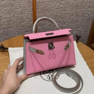 Hermes Kelly Mini 2 19 CM Bag Handmade In Epsom Calfskin Leather Silver Hardware 5P Pink 80 Gris Perle - Image 8