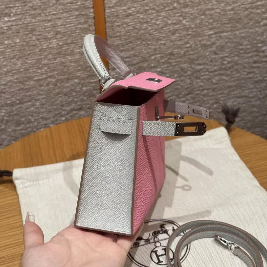 Hermes Kelly Mini 2 19 CM Bag Handmade In Epsom Calfskin Leather Silver Hardware 5P Pink 80 Gris Perle - Image 7
