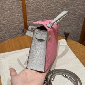 Hermes Kelly Mini 2 19 CM Bag Handmade In Epsom Calfskin Leather Silver Hardware 5P Pink 80 Gris Perle - Image 6