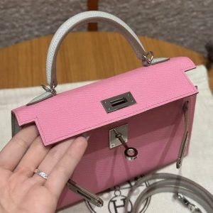 Hermes Kelly Mini 2 19 CM Bag Handmade In Epsom Calfskin Leather Silver Hardware 5P Pink 80 Gris Perle - Image 5