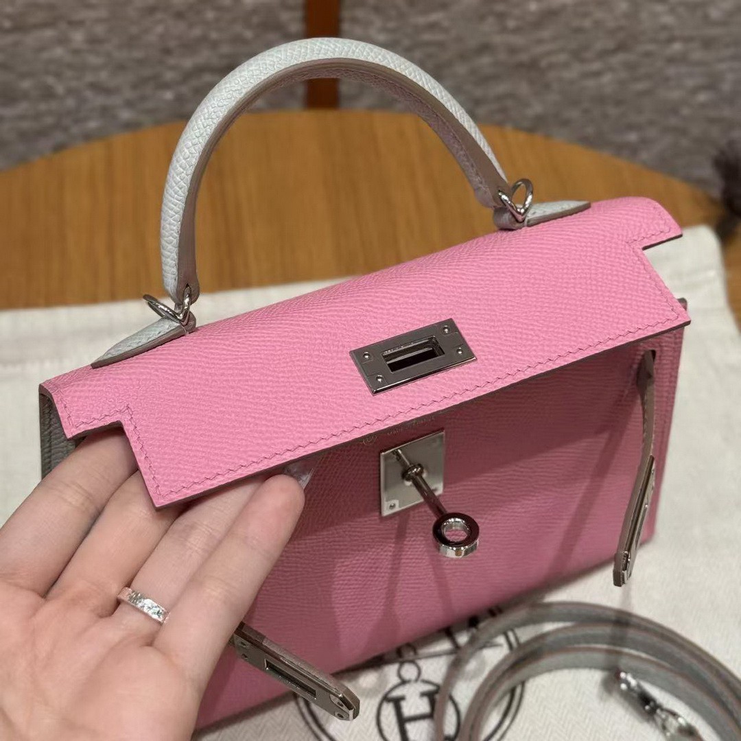 Hermes Kelly Mini 2 19 CM Bag Handmade In Epsom Calfskin Leather Silver Hardware 5P Pink 80 Gris Perle - Image 5