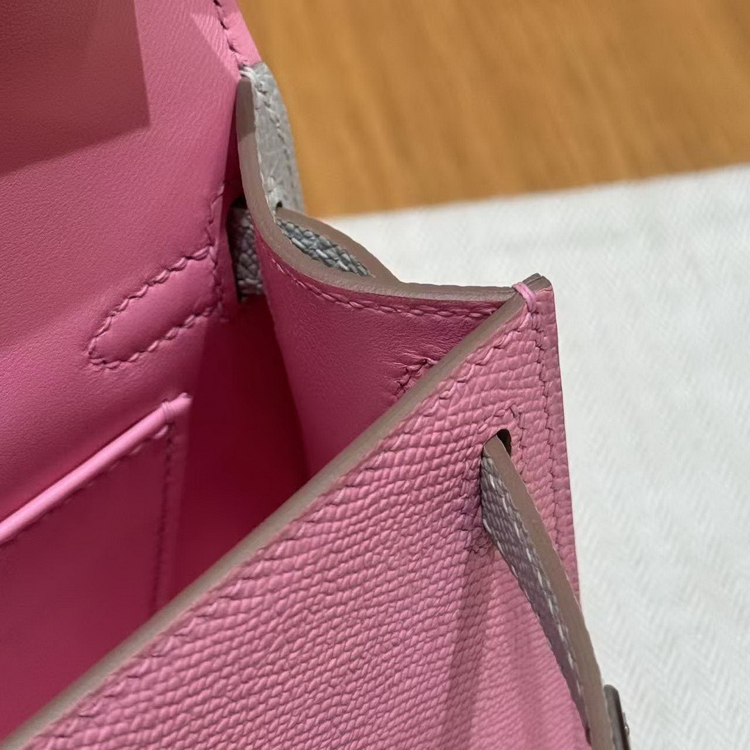 Hermes Kelly Mini 2 19 CM Bag Handmade In Epsom Calfskin Leather Silver Hardware 5P Pink 80 Gris Perle - Image 4