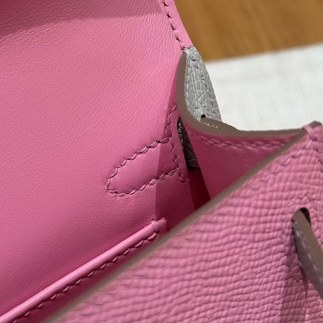 Hermes Kelly Mini 2 19 CM Bag Handmade In Epsom Calfskin Leather Silver Hardware 5P Pink 80 Gris Perle - Image 3