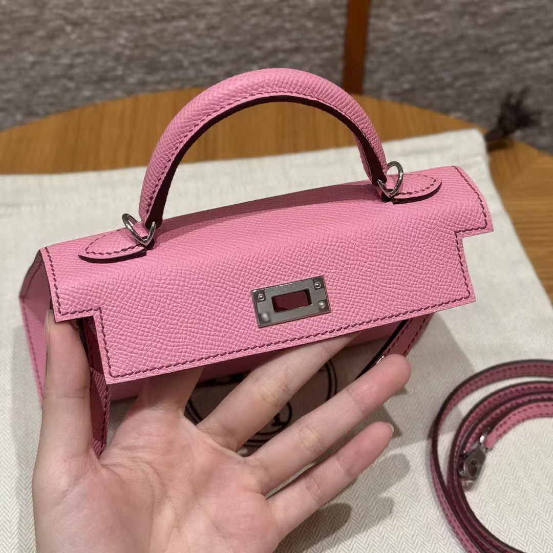 Hermes Kelly Mini 2 19 CM Bag Handmade In Epsom Calfskin Leather Silver Hardware 5P Pink - Image 19