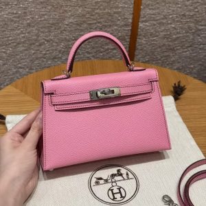 Hermes Kelly Mini 2 19 CM Bag Handmade In Epsom Calfskin Leather Silver Hardware 5P Pink