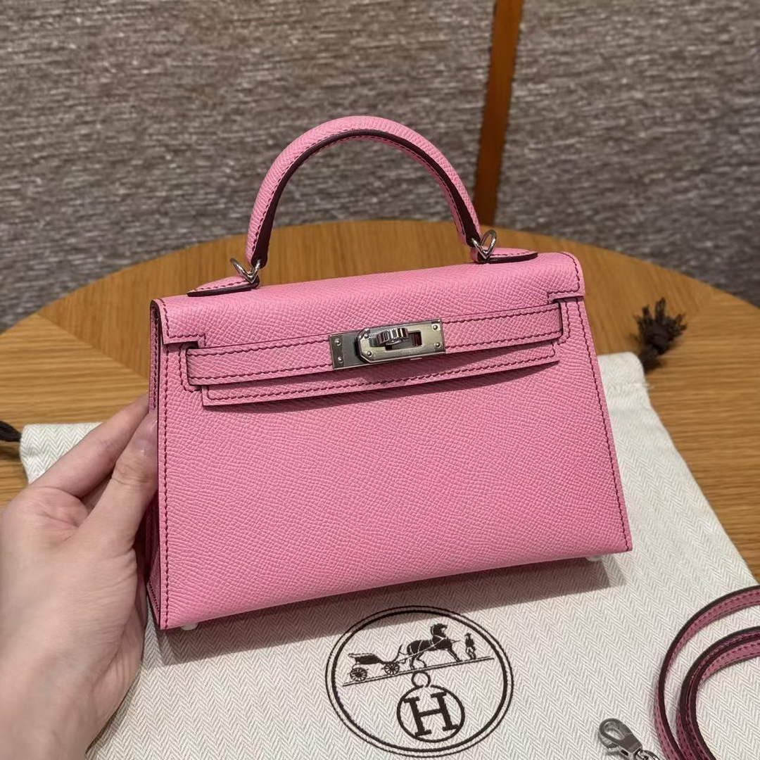 Hermes Kelly Mini 2 19 CM Bag Handmade In Epsom Calfskin Leather Silver Hardware 5P Pink