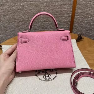Hermes Kelly Mini 2 19 CM Bag Handmade In Epsom Calfskin Leather Silver Hardware 5P Pink - Image 12