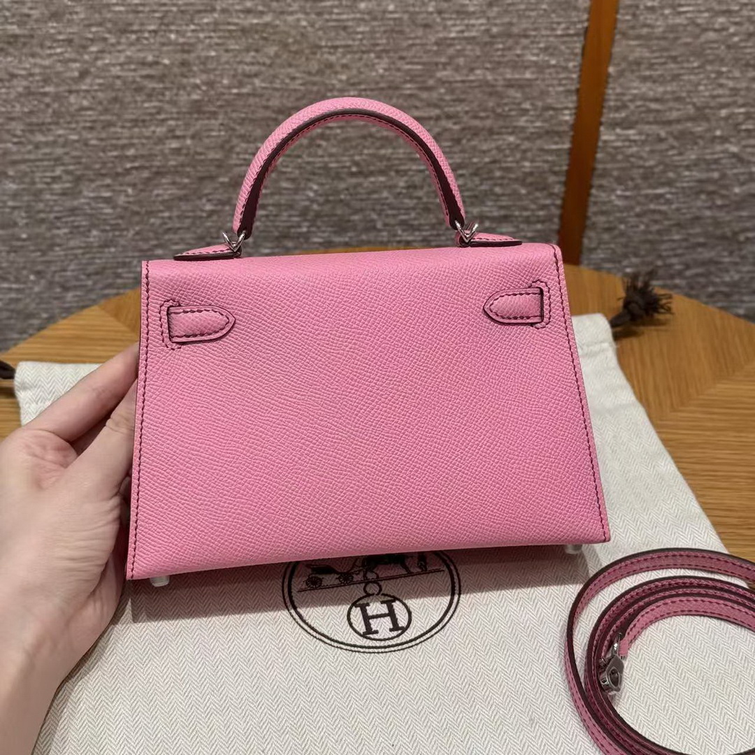 Hermes Kelly Mini 2 19 CM Bag Handmade In Epsom Calfskin Leather Silver Hardware 5P Pink - Image 12