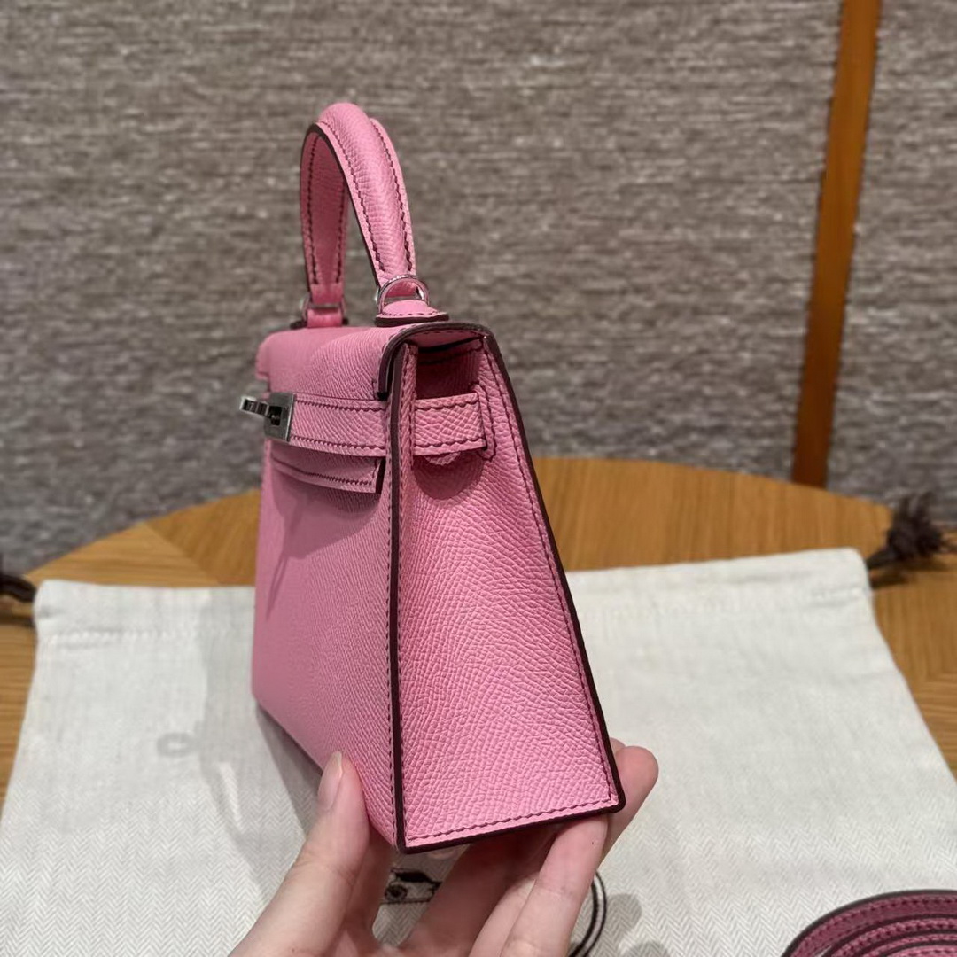 Hermes Kelly Mini 2 19 CM Bag Handmade In Epsom Calfskin Leather Silver Hardware 5P Pink - Image 11