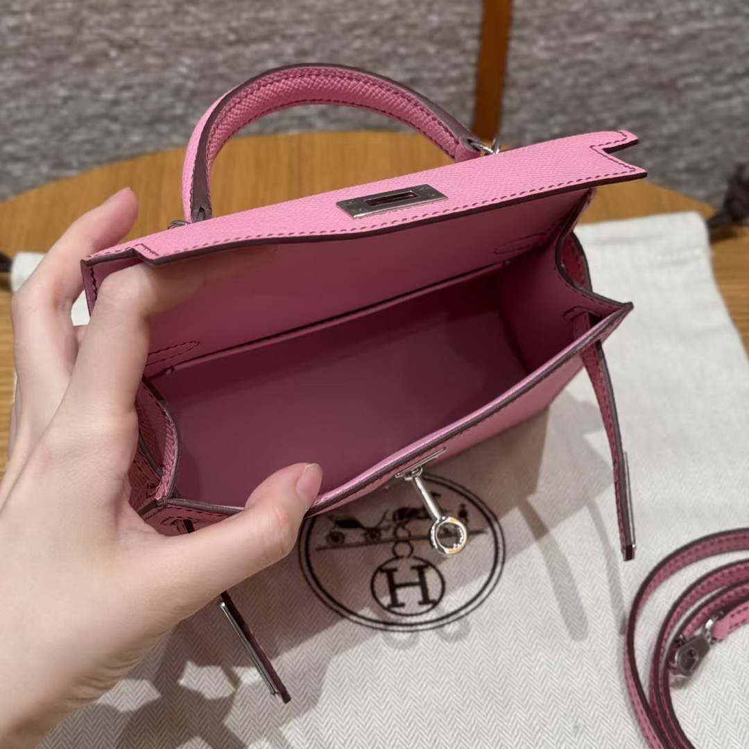 Hermes Kelly Mini 2 19 CM Bag Handmade In Epsom Calfskin Leather Silver Hardware 5P Pink - Image 7
