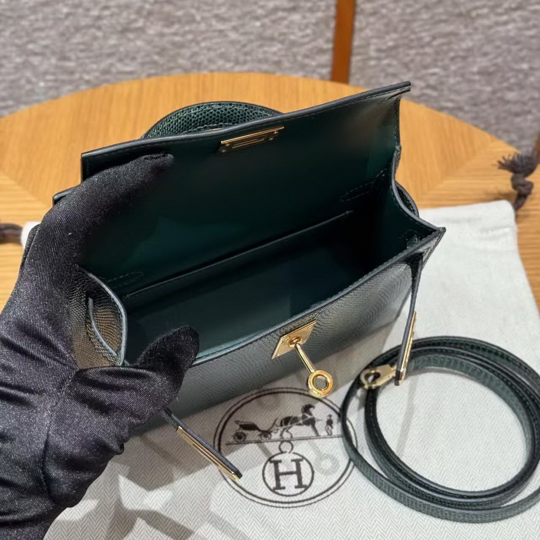 Hermes Kelly Mini 2 19 CM Bag Handmade In Lizard Leather From South Africa Gold Hardware 60 Vert Pochette - Image 27