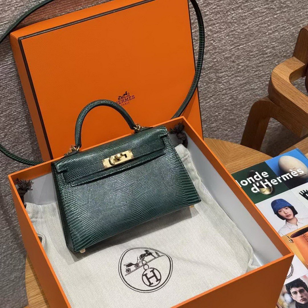 Hermes Kelly Mini 2 19 CM Bag Handmade In Lizard Leather From South Africa Gold Hardware 60 Vert Pochette - Image 22