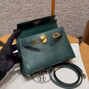 Hermes Kelly Mini 2 19 CM Bag Handmade In Lizard Leather From South Africa Gold Hardware 60 Vert Pochette - Image 21