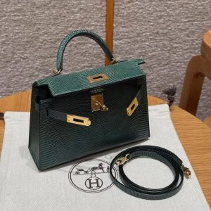 Hermes Kelly Mini 2 19 CM Bag Handmade In Lizard Leather From South Africa Gold Hardware 60 Vert Pochette - Image 20