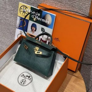 Hermes Kelly Mini 2 19 CM Bag Handmade In Lizard Leather From South Africa Gold Hardware 60 Vert Pochette - Image 11