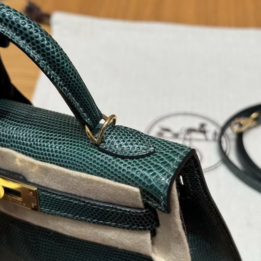 Hermes Kelly Mini 2 19 CM Bag Handmade In Lizard Leather From South Africa Gold Hardware 60 Vert Pochette - Image 7