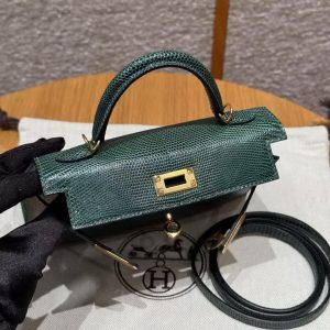 Hermes Kelly Mini 2 19 CM Bag Handmade In Lizard Leather From South Africa Gold Hardware 60 Vert Pochette - Image 5