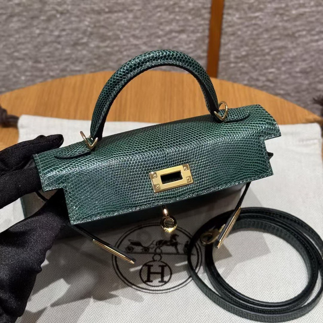 Hermes Kelly Mini 2 19 CM Bag Handmade In Lizard Leather From South Africa Gold Hardware 60 Vert Pochette - Image 5