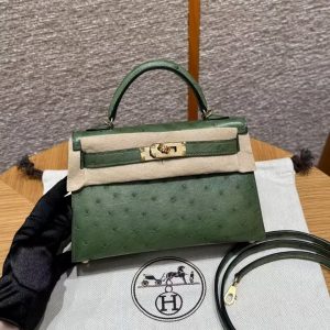 Hermes Kelly Mini 2 19 CM Bag Handmade In KK Ostrich Leather from South Africa Gold Hardware 61 Olive Green