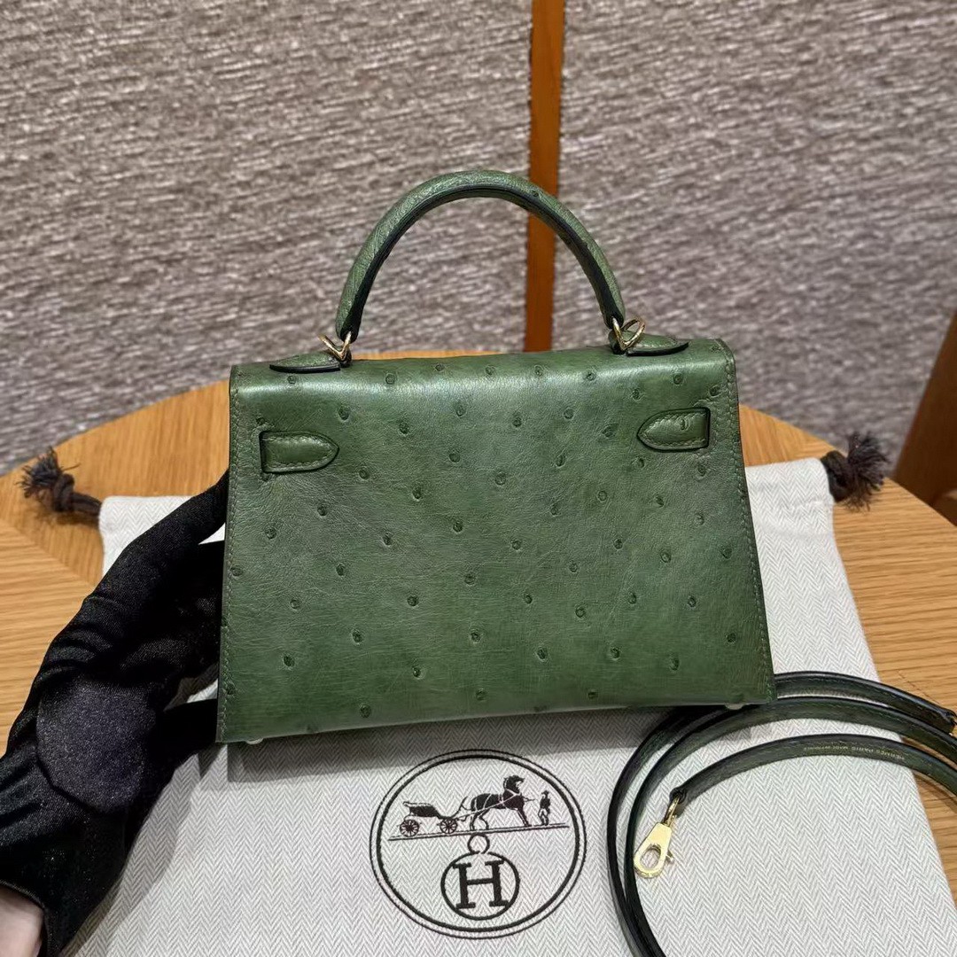 Hermes Kelly Mini 2 19 CM Bag Handmade In KK Ostrich Leather from South Africa Gold Hardware 61 Olive Green - Image 2