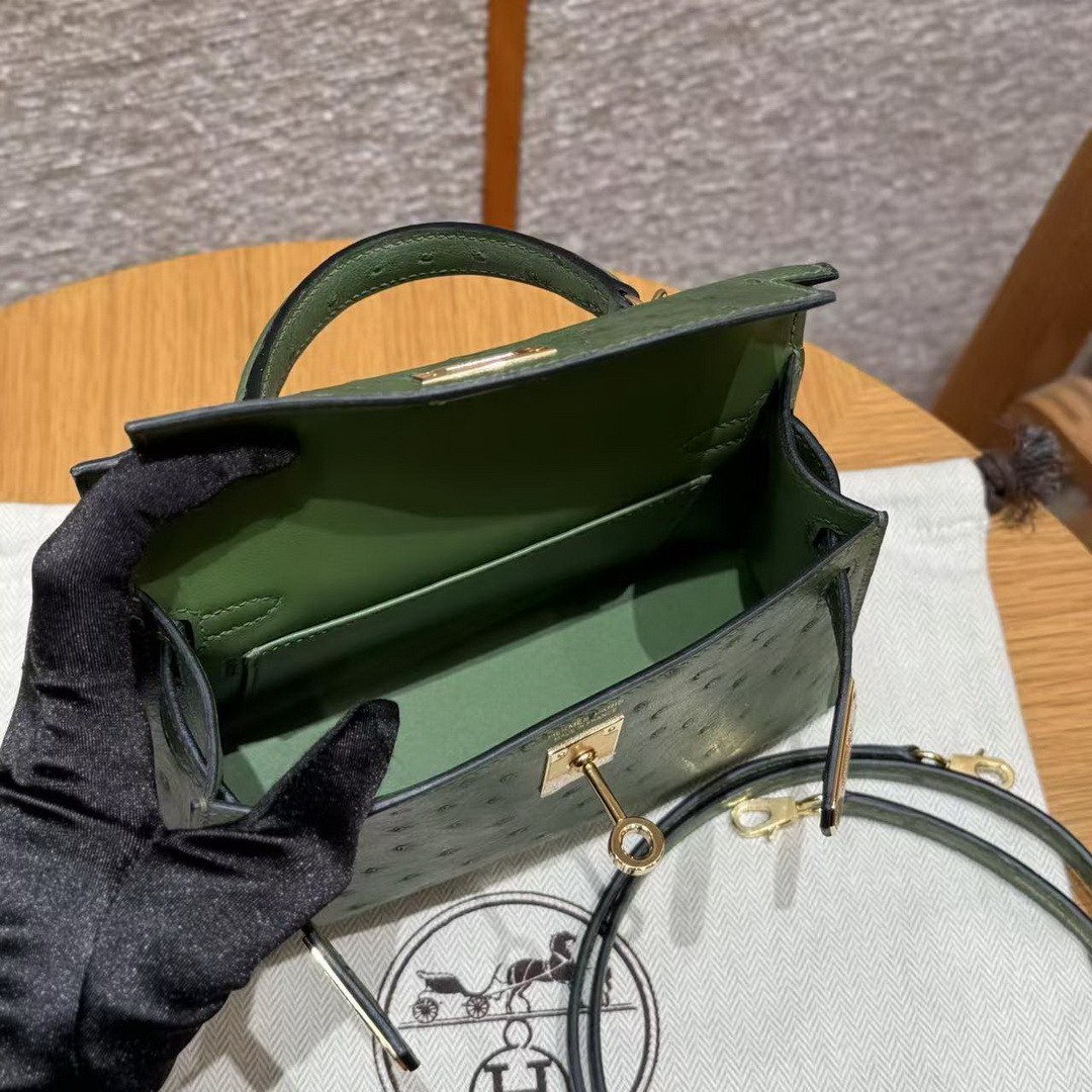 Hermes Kelly Mini 2 19 CM Bag Handmade In KK Ostrich Leather from South Africa Gold Hardware 61 Olive Green - Image 15