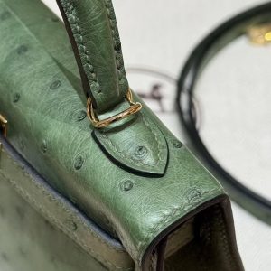Hermes Kelly Mini 2 19 CM Bag Handmade In KK Ostrich Leather from South Africa Gold Hardware 61 Olive Green - Image 13