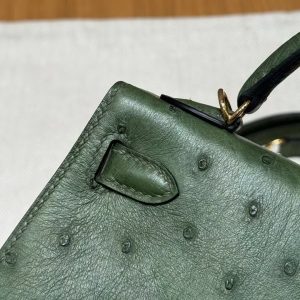 Hermes Kelly Mini 2 19 CM Bag Handmade In KK Ostrich Leather from South Africa Gold Hardware 61 Olive Green - Image 10