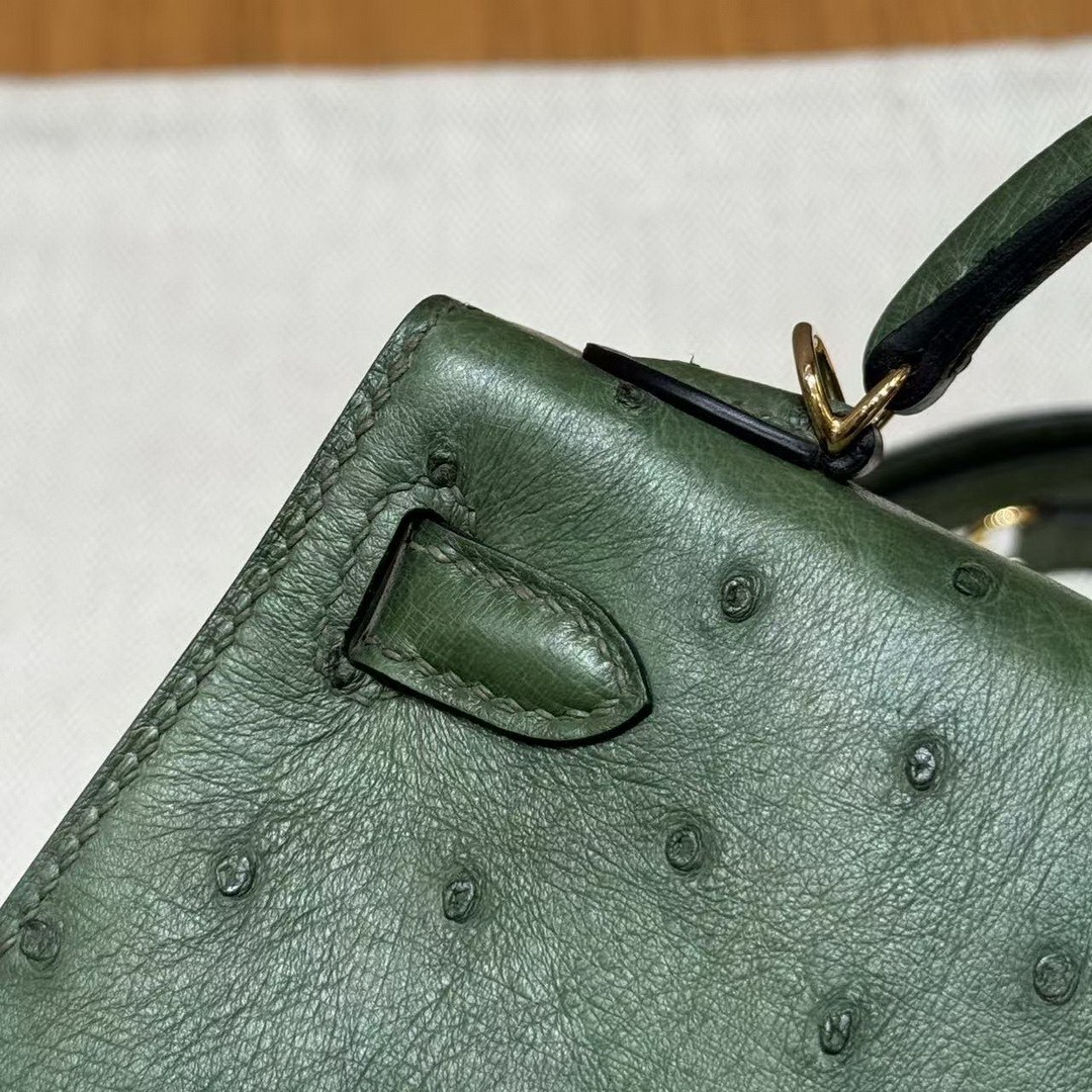 Hermes Kelly Mini 2 19 CM Bag Handmade In KK Ostrich Leather from South Africa Gold Hardware 61 Olive Green - Image 10