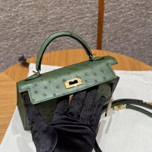 Hermes Kelly Mini 2 19 CM Bag Handmade In KK Ostrich Leather from South Africa Gold Hardware 61 Olive Green - Image 9