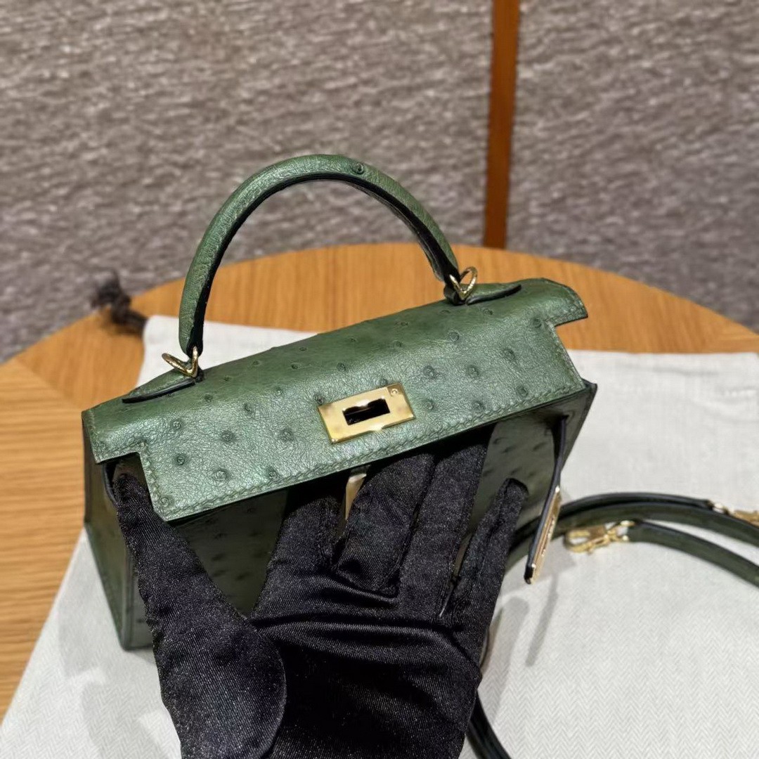 Hermes Kelly Mini 2 19 CM Bag Handmade In KK Ostrich Leather from South Africa Gold Hardware 61 Olive Green - Image 9