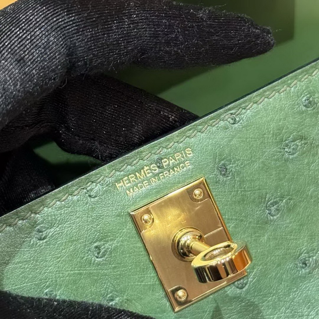 Hermes Kelly Mini 2 19 CM Bag Handmade In KK Ostrich Leather from South Africa Gold Hardware 61 Olive Green - Image 6