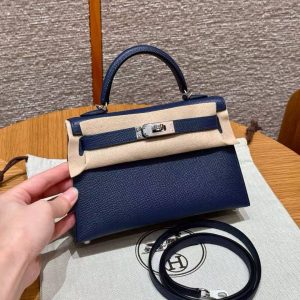 Hermes Kelly Mini 2 19 CM Bag Handmade In Epsom Calfskin Leather Silver Hardware 73 Blue Saphir