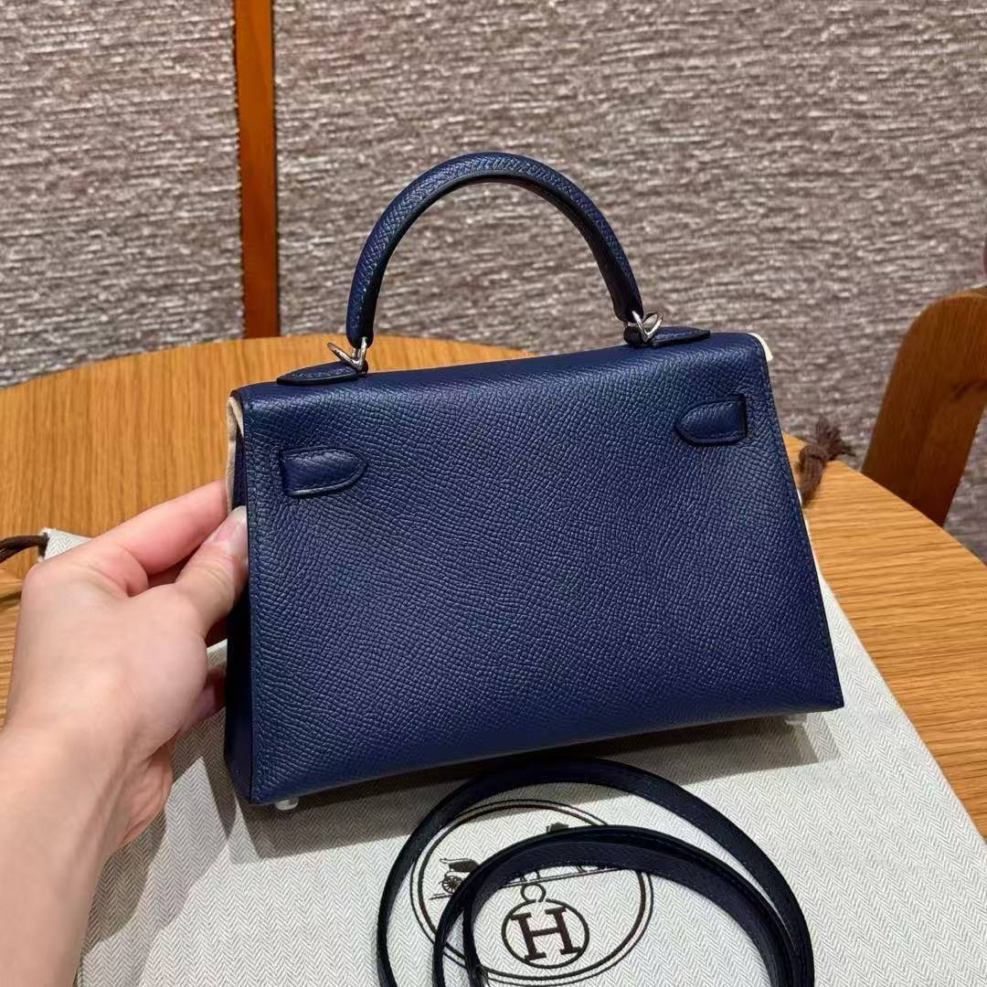 Hermes Kelly Mini 2 19 CM Bag Handmade In Epsom Calfskin Leather Silver Hardware 73 Blue Saphir - Image 2
