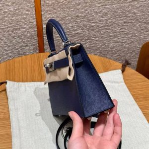 Hermes Kelly Mini 2 19 CM Bag Handmade In Epsom Calfskin Leather Silver Hardware 73 Blue Saphir - Image 18