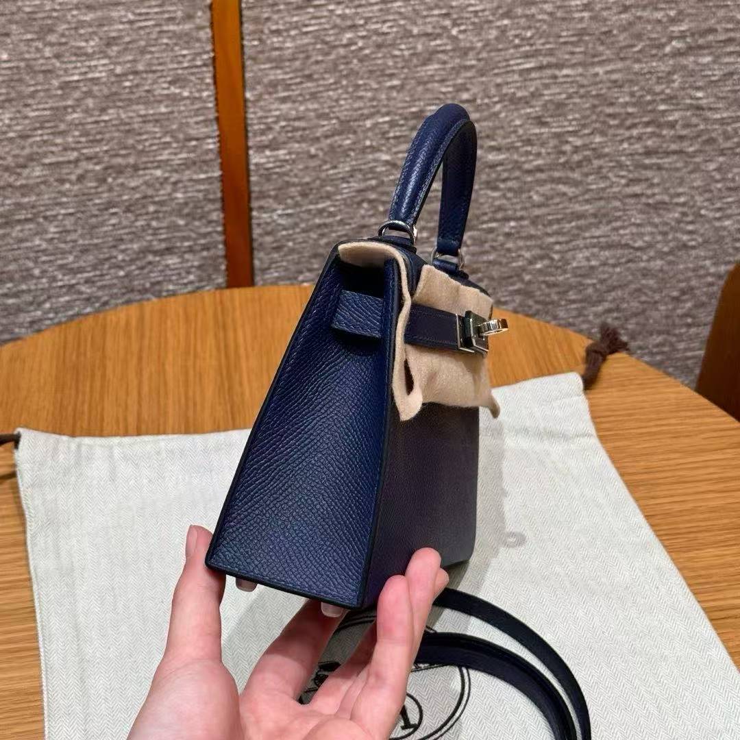 Hermes Kelly Mini 2 19 CM Bag Handmade In Epsom Calfskin Leather Silver Hardware 73 Blue Saphir - Image 17