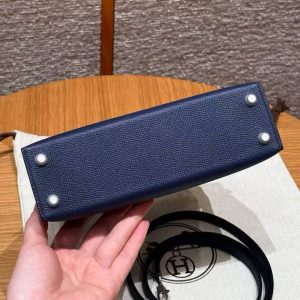 Hermes Kelly Mini 2 19 CM Bag Handmade In Epsom Calfskin Leather Silver Hardware 73 Blue Saphir - Image 16