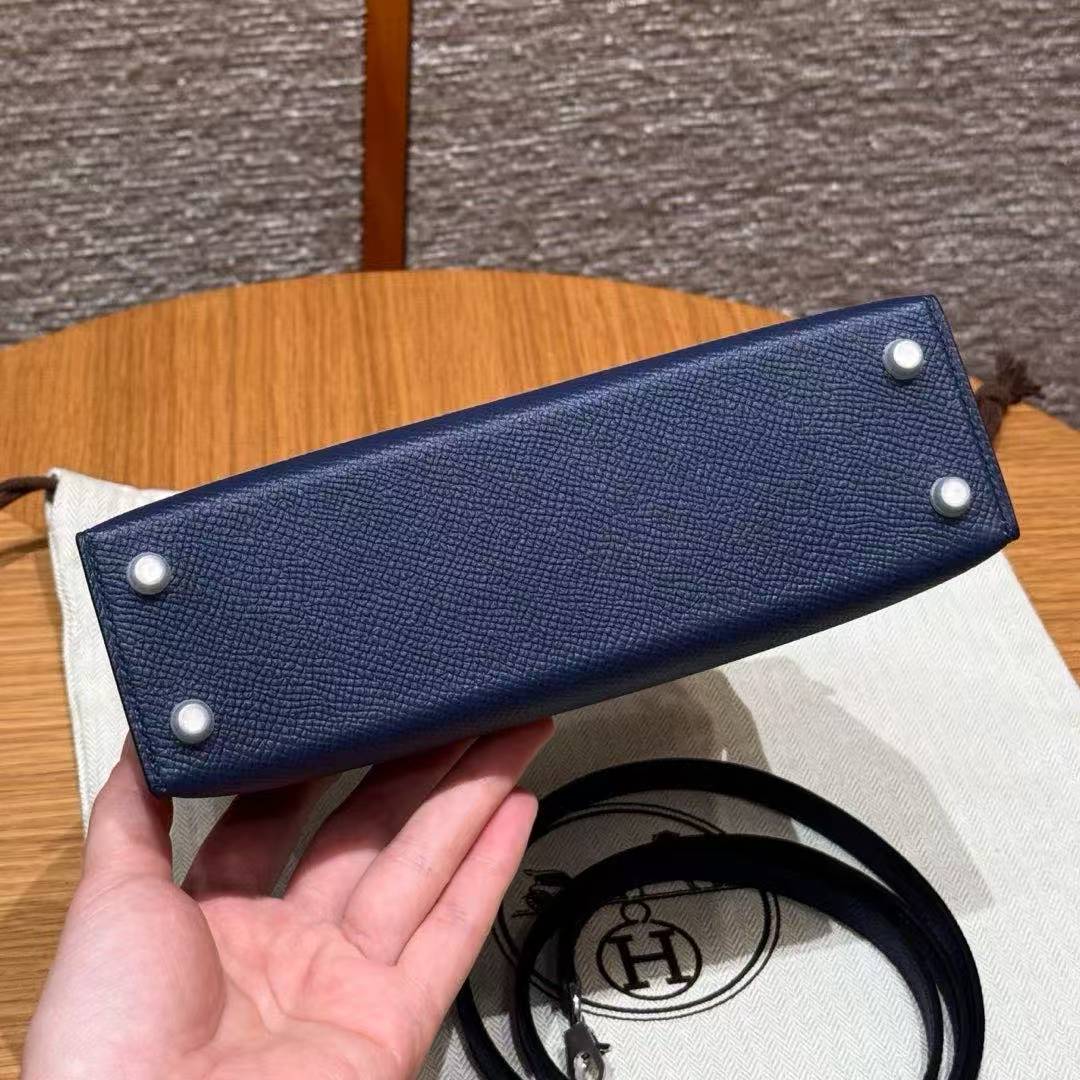 Hermes Kelly Mini 2 19 CM Bag Handmade In Epsom Calfskin Leather Silver Hardware 73 Blue Saphir - Image 16