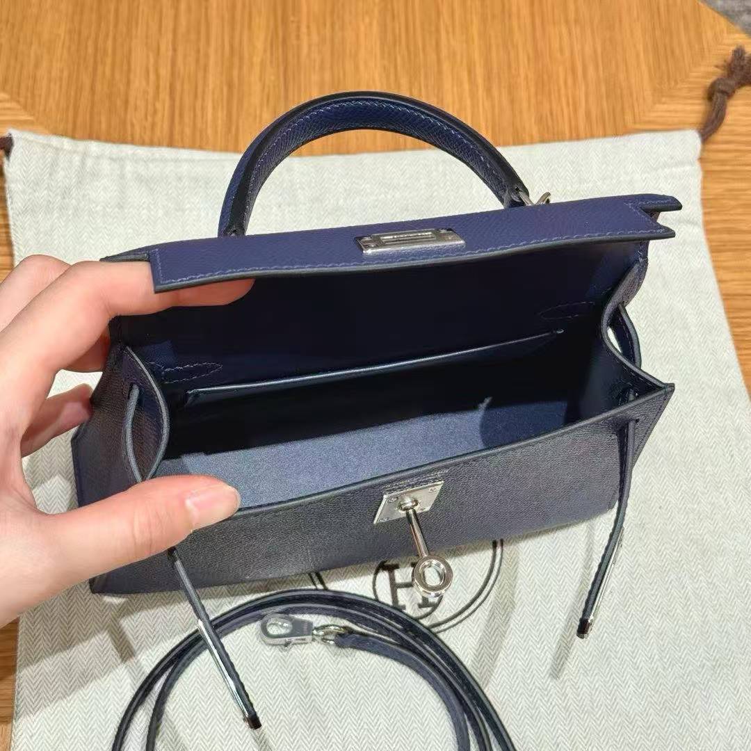 Hermes Kelly Mini 2 19 CM Bag Handmade In Epsom Calfskin Leather Silver Hardware 73 Blue Saphir - Image 15