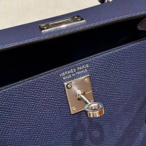 Hermes Kelly Mini 2 19 CM Bag Handmade In Epsom Calfskin Leather Silver Hardware 73 Blue Saphir - Image 14