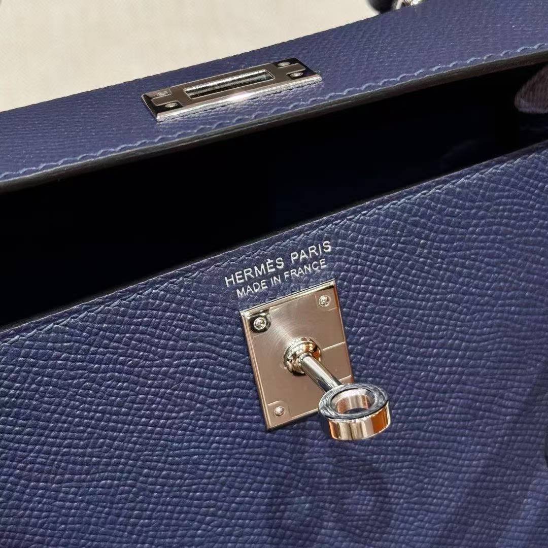 Hermes Kelly Mini 2 19 CM Bag Handmade In Epsom Calfskin Leather Silver Hardware 73 Blue Saphir - Image 14