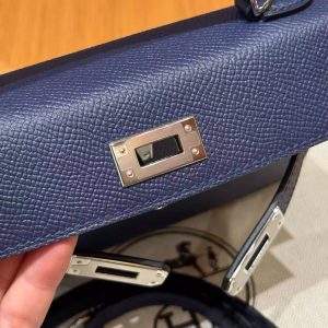 Hermes Kelly Mini 2 19 CM Bag Handmade In Epsom Calfskin Leather Silver Hardware 73 Blue Saphir - Image 12