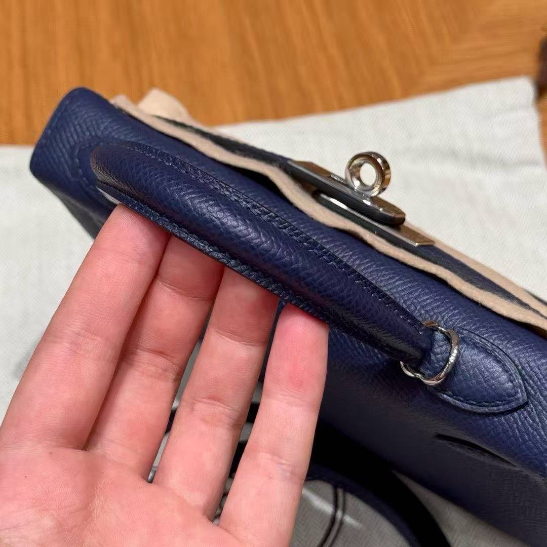 Hermes Kelly Mini 2 19 CM Bag Handmade In Epsom Calfskin Leather Silver Hardware 73 Blue Saphir - Image 11