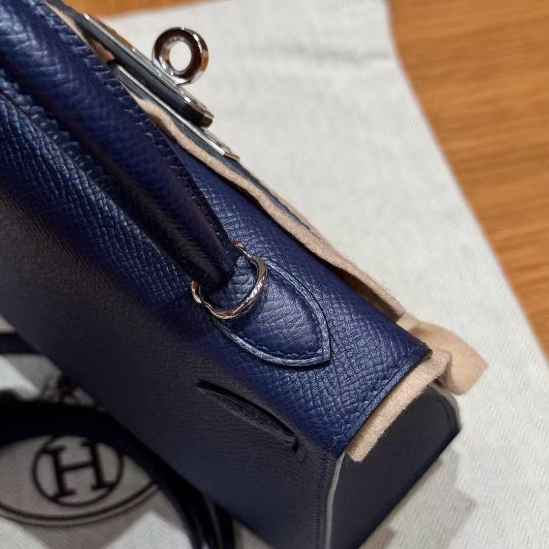 Hermes Kelly Mini 2 19 CM Bag Handmade In Epsom Calfskin Leather Silver Hardware 73 Blue Saphir - Image 10