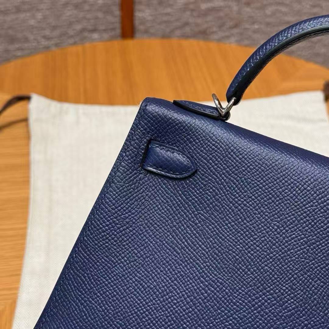 Hermes Kelly Mini 2 19 CM Bag Handmade In Epsom Calfskin Leather Silver Hardware 73 Blue Saphir - Image 8