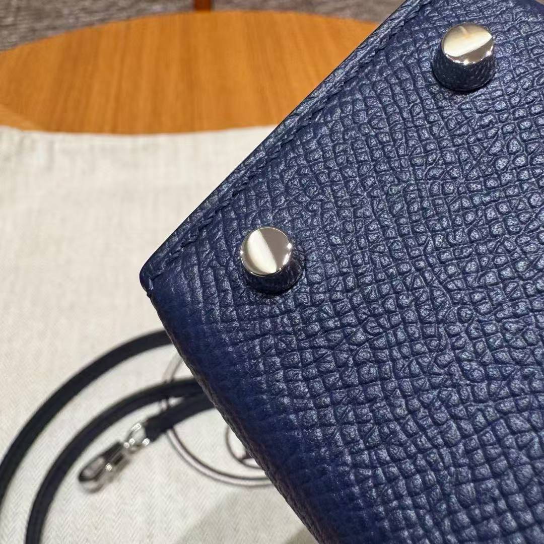 Hermes Kelly Mini 2 19 CM Bag Handmade In Epsom Calfskin Leather Silver Hardware 73 Blue Saphir - Image 7