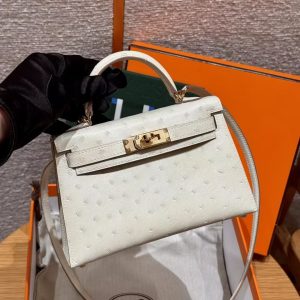 Hermes Kelly Mini 2 19 CM Bag Handmade In KK Ostrich Leather from South Africa Gold Hardware 8L Beton - Image 7